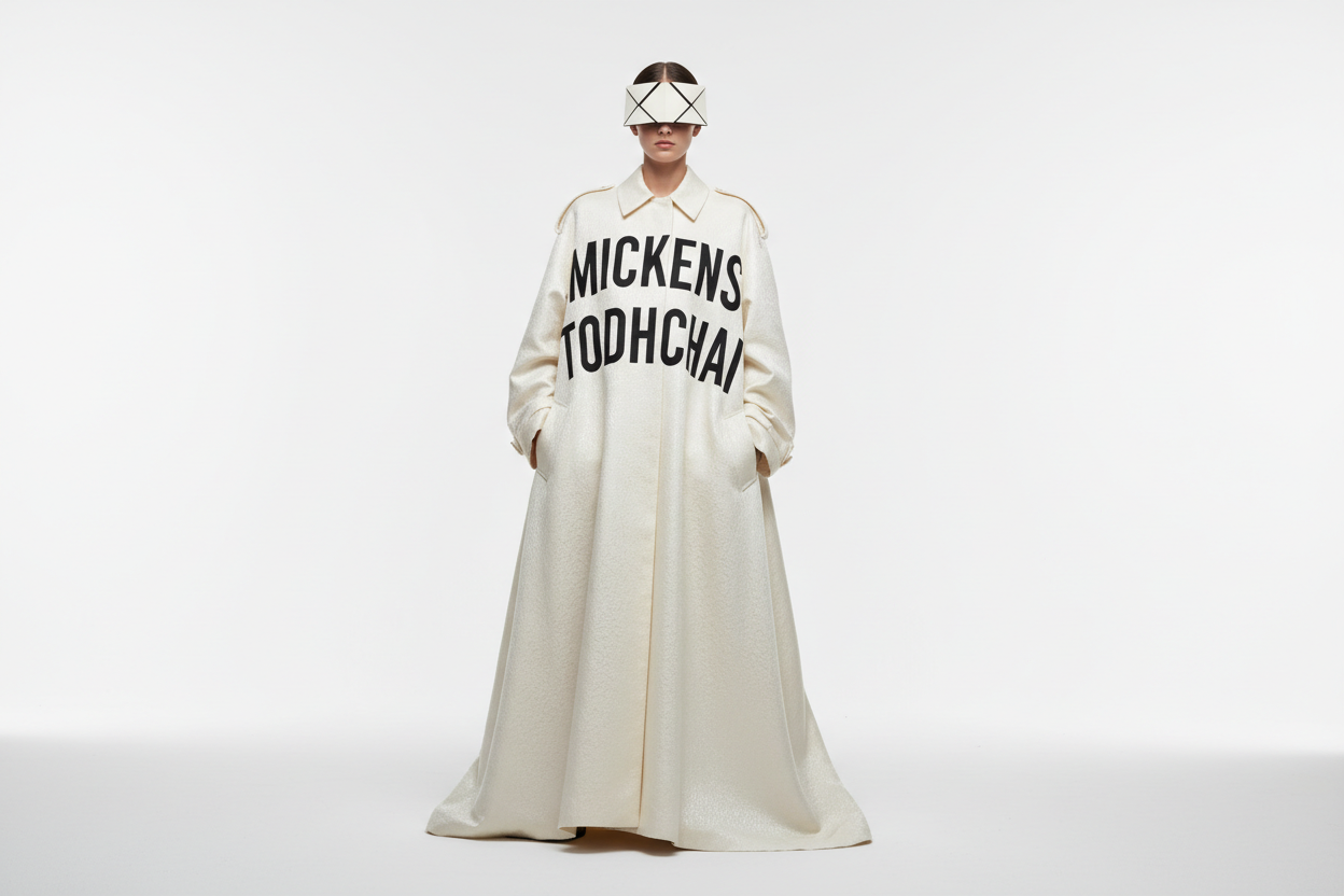 designer clothes that say “MICKENS TODHCHAI” bold text & clean background 