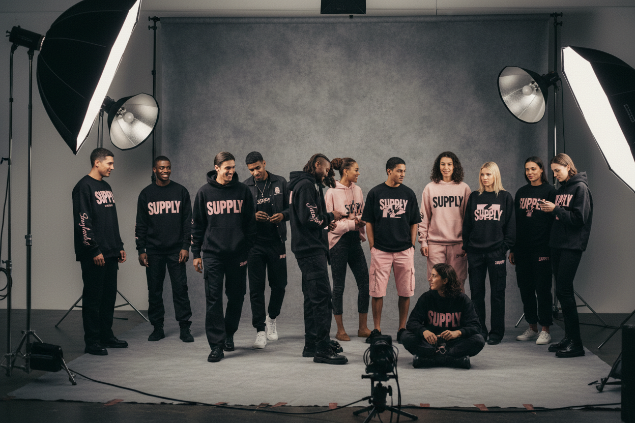 Make them in the studio and more n black model dress people still wearing different cloths but they all read “SUPPLY” in different designs 